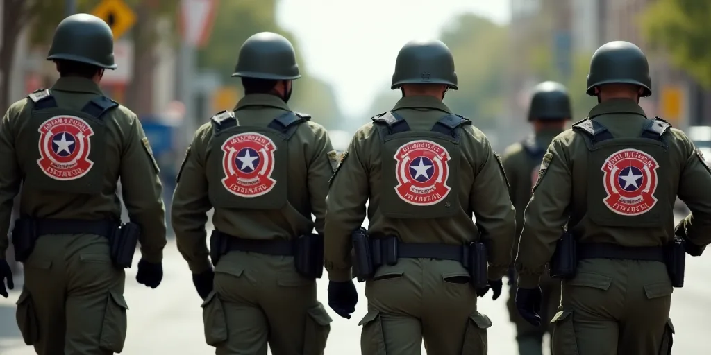a group of military men walking down a street together with national guard patches on their backs an