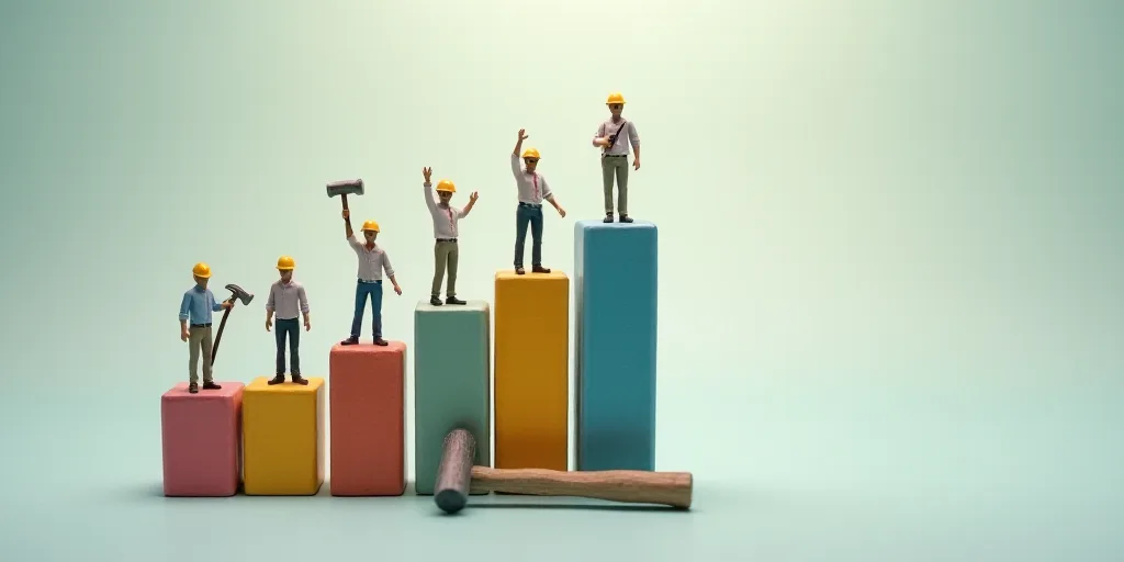 a group of miniature people standing on top of a bar chart with tools in each of them and a hammer,