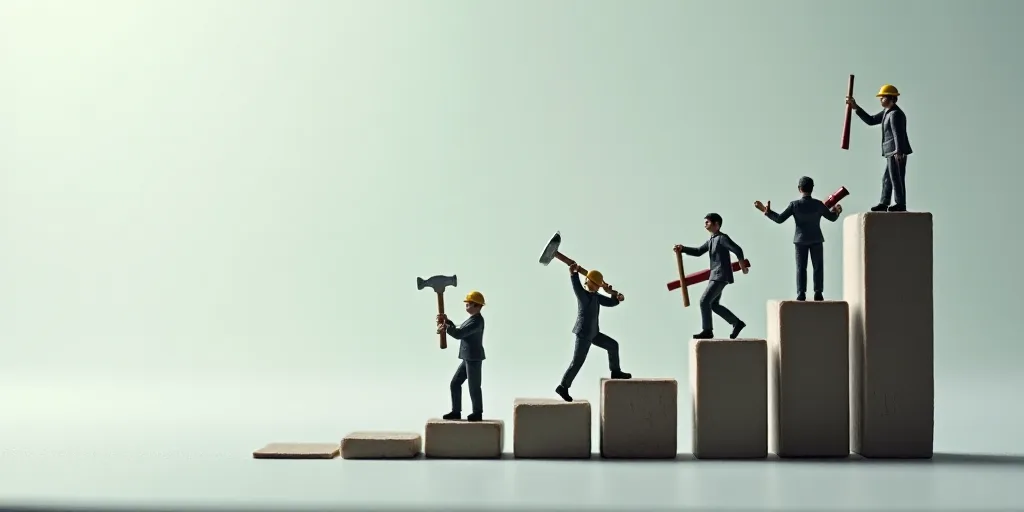 a group of miniature people standing on top of a bar chart with tools in each of them and a hammer,