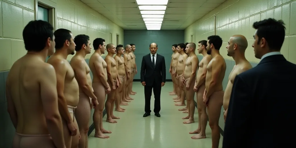 a group of naked men in a prison hallway with police standing around them and a man in a black suit,
