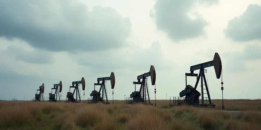 a group of oil pumps sitting on top of a field under a cloudy sky with clouds in the background, And