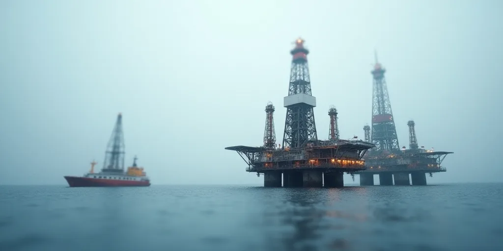 a group of oil rigs in the middle of the ocean with a boat in the background on a cloudy day, Bascov