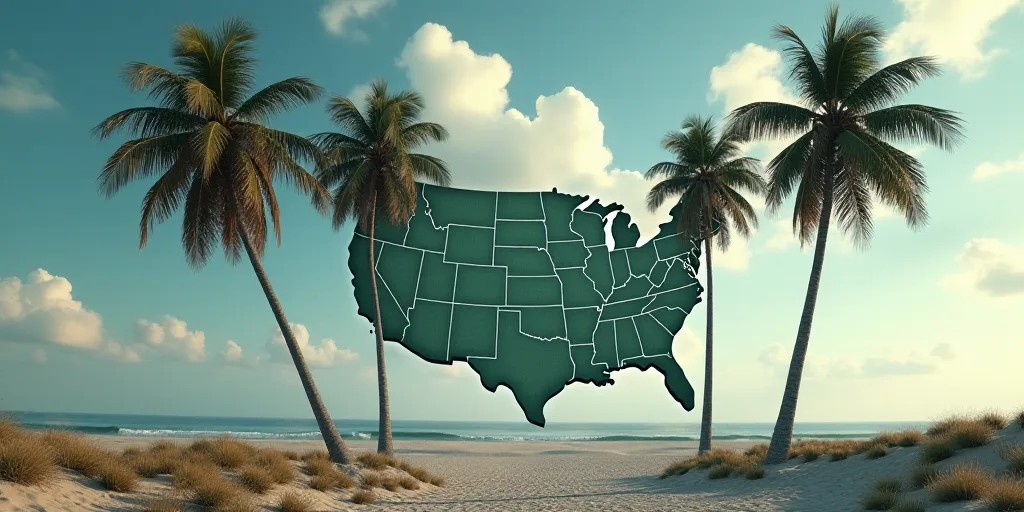 a group of palm trees blowing in the wind in front of a map of the united states and a cyclone, Dave