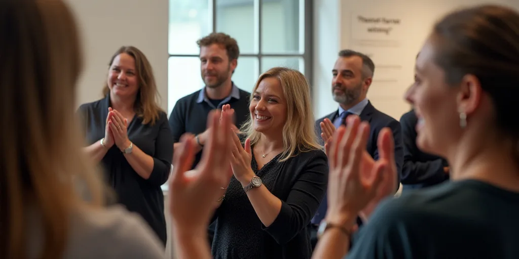 a group of people clapping and smiling in a room with a window and a sign that says, thank you, Clai