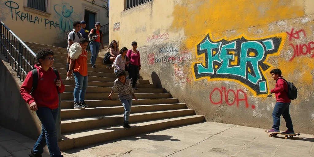 a group of people climbing up a flight of stairs with graffiti on the wall behind them and a man on
