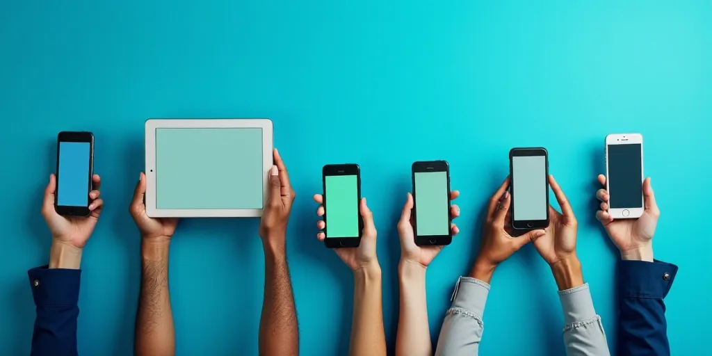 a group of people holding cell phones and laptops in their hands with a blue background and a green