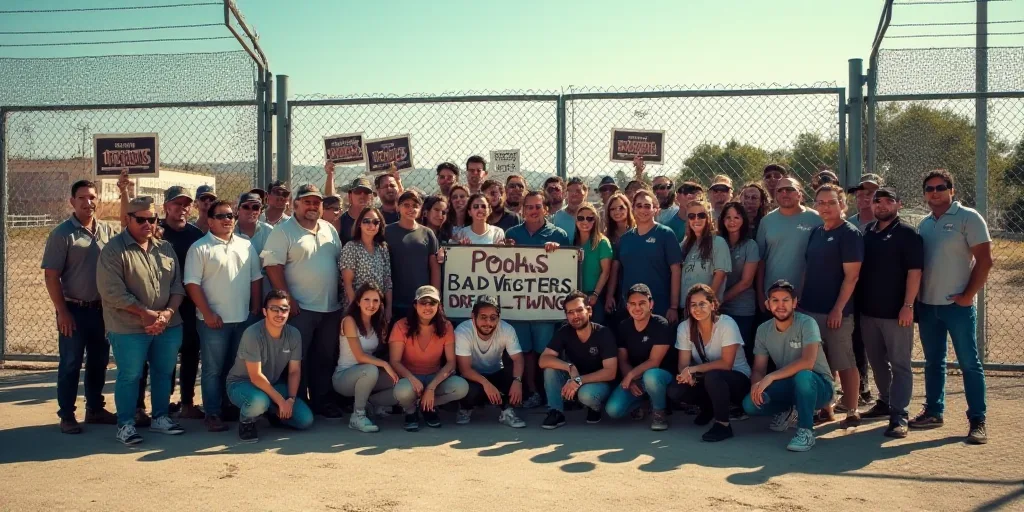 a group of people holding signs and posing for a picture together in front of a fenced area with a g