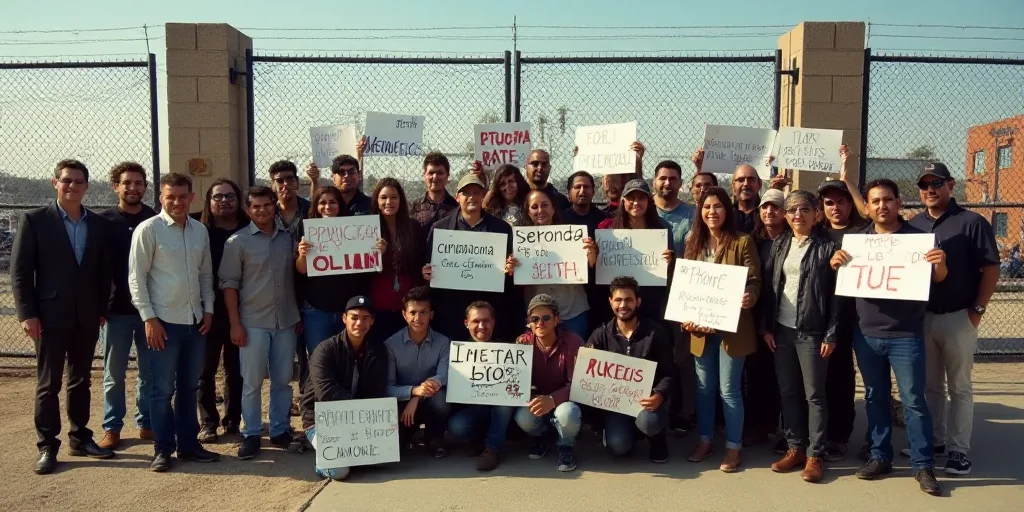 a group of people holding signs and posing for a picture together in front of a fenced area with a g
