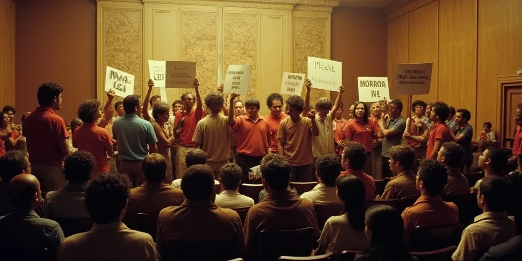 a group of people holding signs in a room with a crowd of people sitting in chairs and standing arou