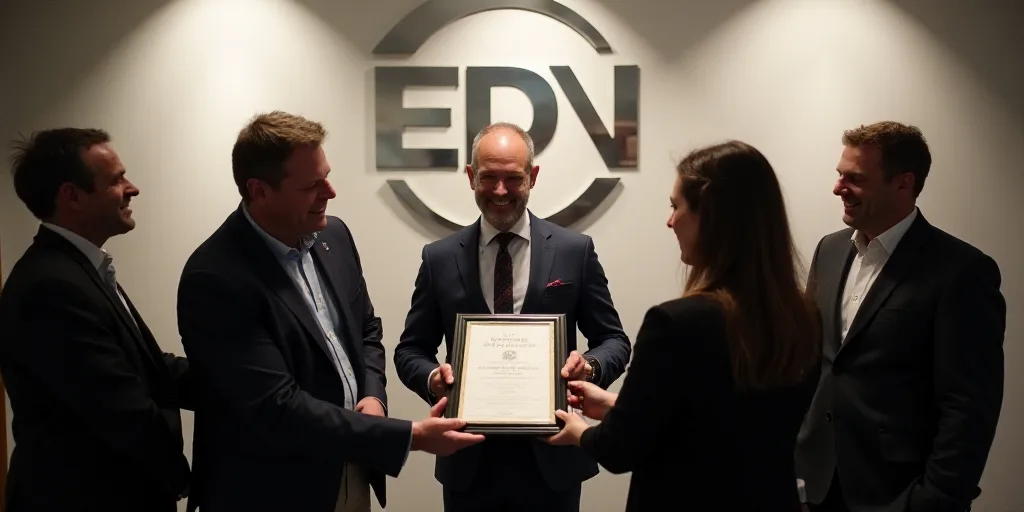 a group of people holding up a plaque in front of a wall with a logo on it and a man in a suit, Edua