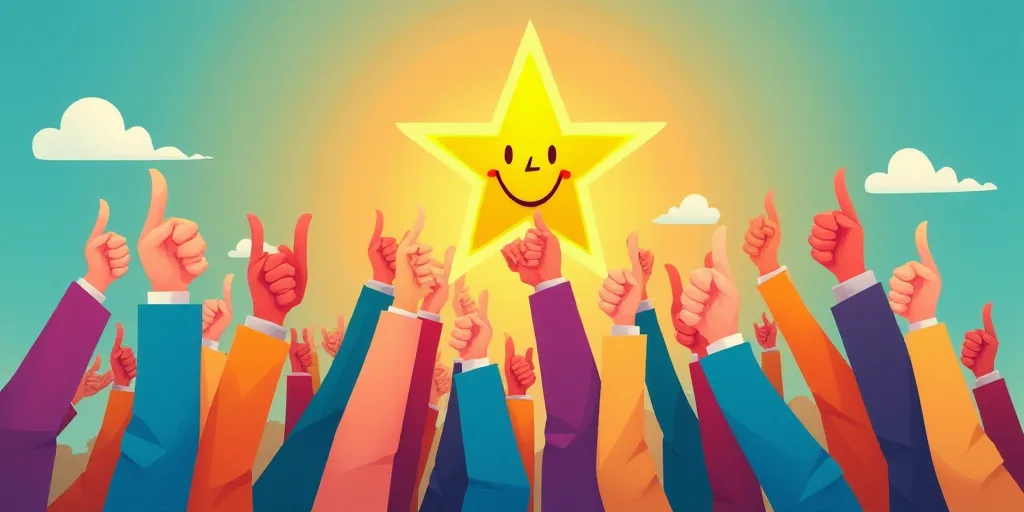 a group of people holding up a star and a thumbs up sign with a smiley face above them, and a star a