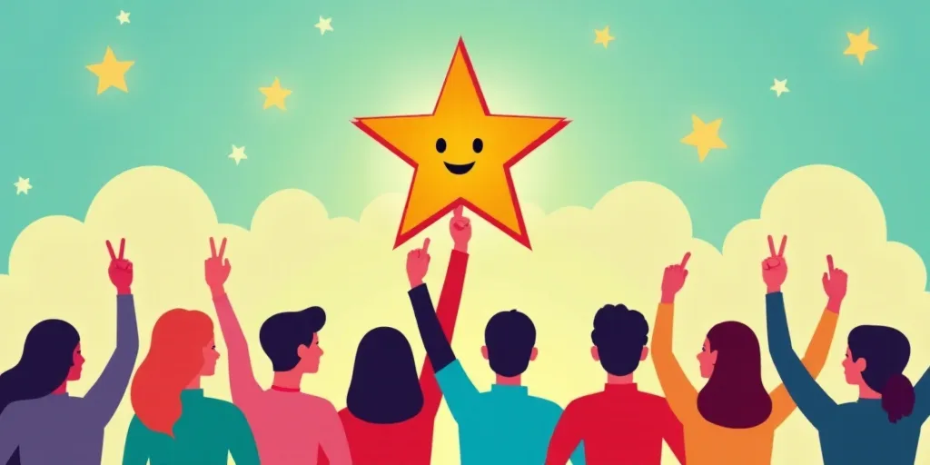 a group of people holding up a star and a thumbs up sign with a smiley face above them, and a star a