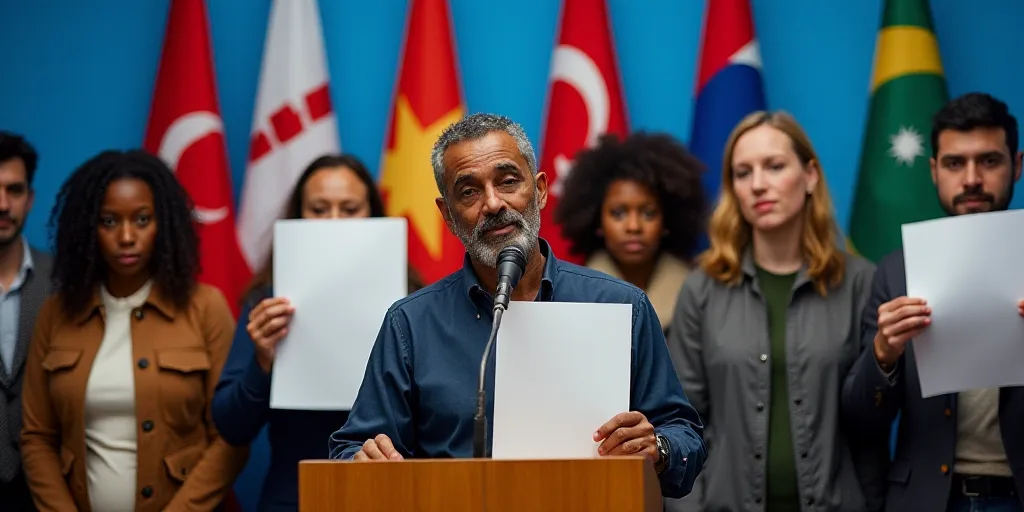a group of people holding up papers in front of a microphone with flags behind them and a blue wall,