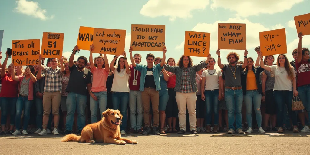 a group of people holding up signs with a dog in front of them and a dog on the ground, Araceli Gilb