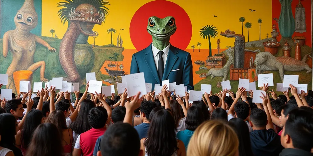 a group of people holding up signs in front of a painting of a lizard and a man in a suit, David Alf