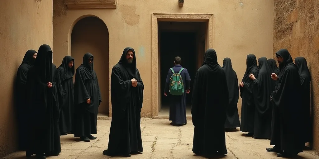 a group of people in black robes standing around a building with a man in a blue shirt and a man in