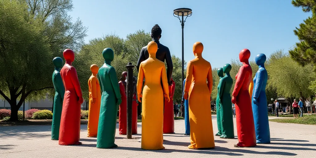 a group of people in colorful costumes standing around a pole with a light pole in the background an