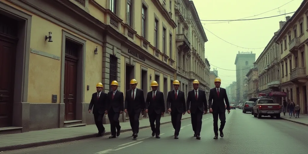 a group of people in hard hats and ties walking down a street together in front of a building with a