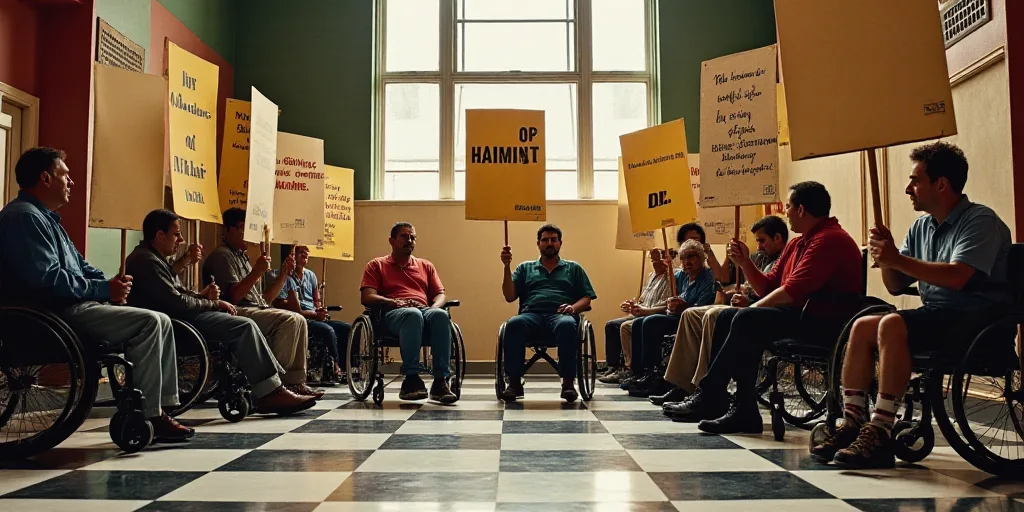 a group of people in wheelchairs holding up signs in front of a room with a checkered floor, David A