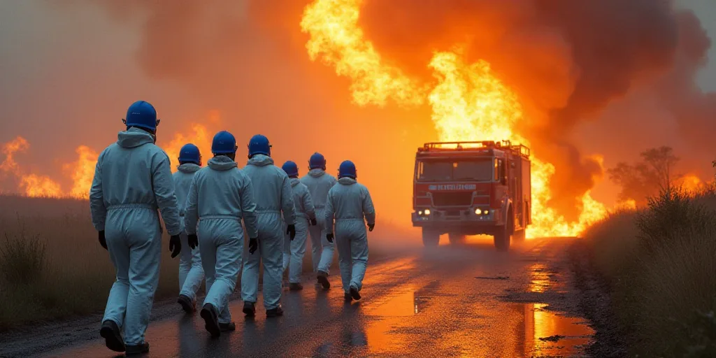 a group of people in white suits and blue helmets walking in front of a fire scene with a fire truck