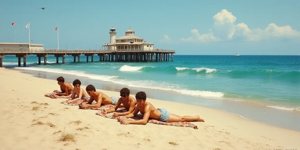 a group of people laying on top of a sandy beach next to the ocean with a pier in the background, Aq