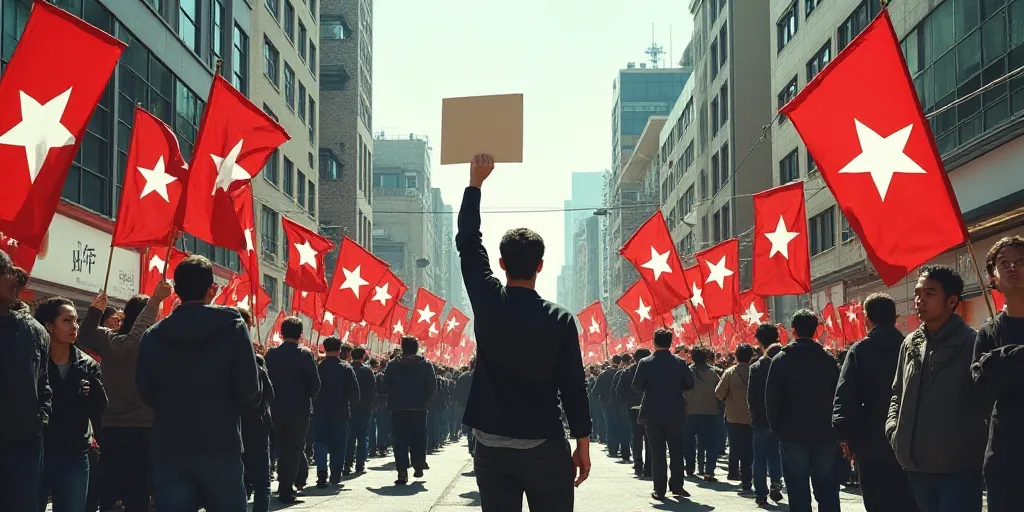 a group of people marching down a street holding signs and flags in the air with a man holding a sig