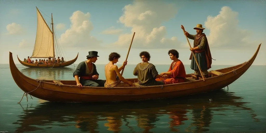 a group of people on a boat with a paddle and a paddle boat in the background, and a man holding a p