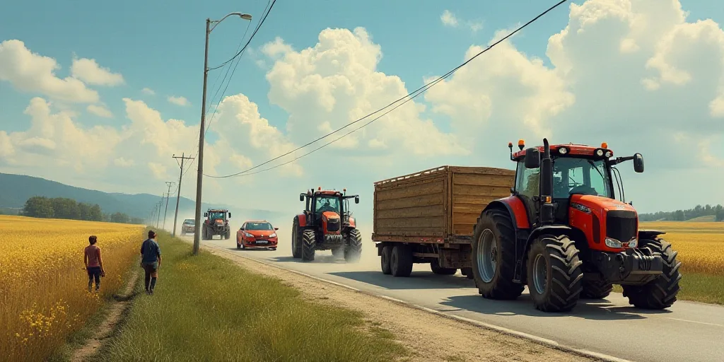 a group of people on a road with tractors and cars driving by on the side of the road with a tractor