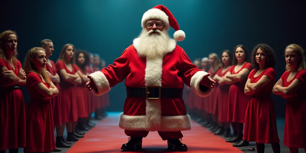 a group of people on a stage with a santa clause on it's chest and a santa clause on his chest, Dr.