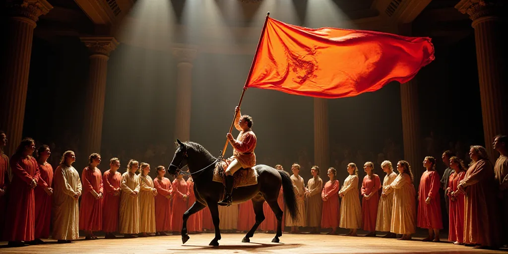 a group of people on stage with a horse and a man on a horse with a flag in the air, Araceli Gilbert