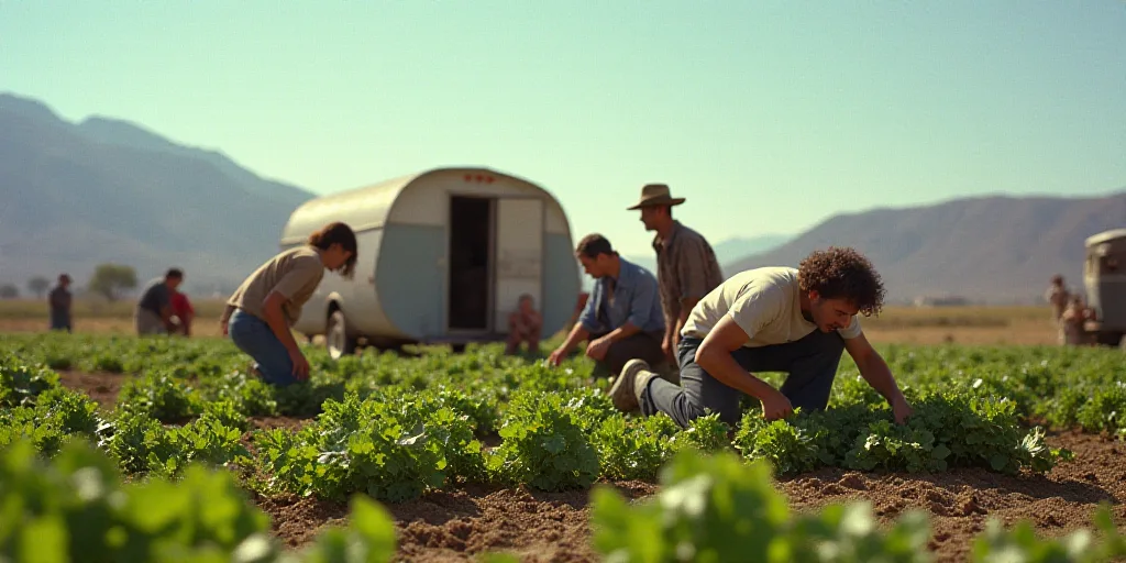 a group of people picking vegetables from a field with a trailer in the background and a mountain in