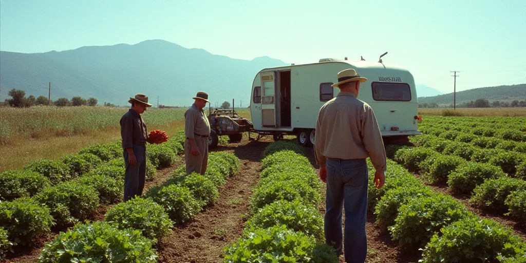 a group of people picking vegetables from a field with a trailer in the background and a mountain in
