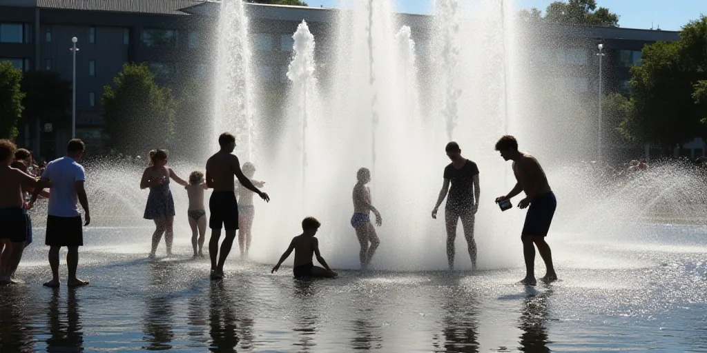 a group of people playing in a fountain with water spraying from it's sides and people standing arou