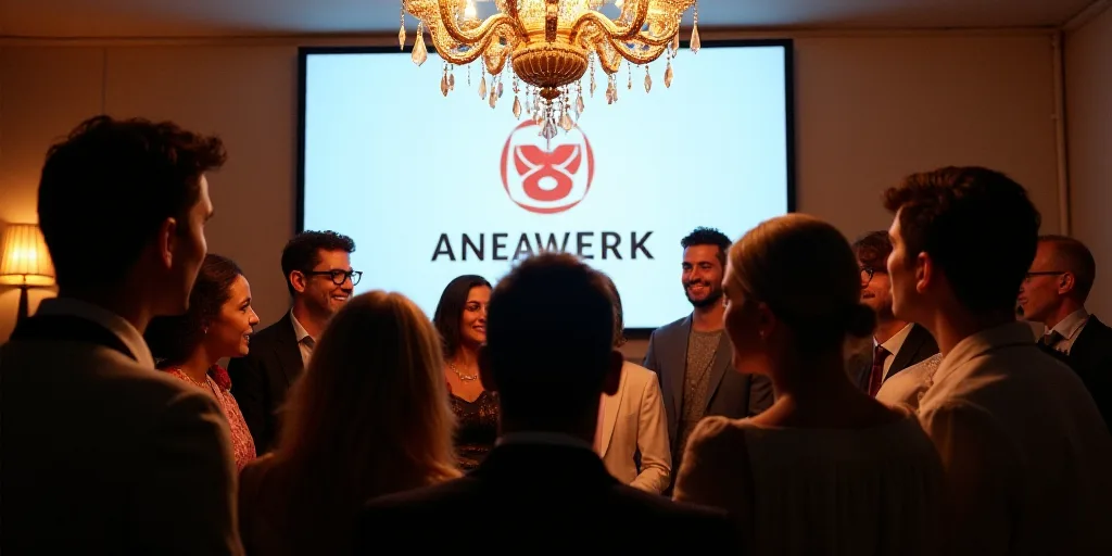 a group of people posing for a picture in front of a screen with a logo on it and a chandelier, Afew