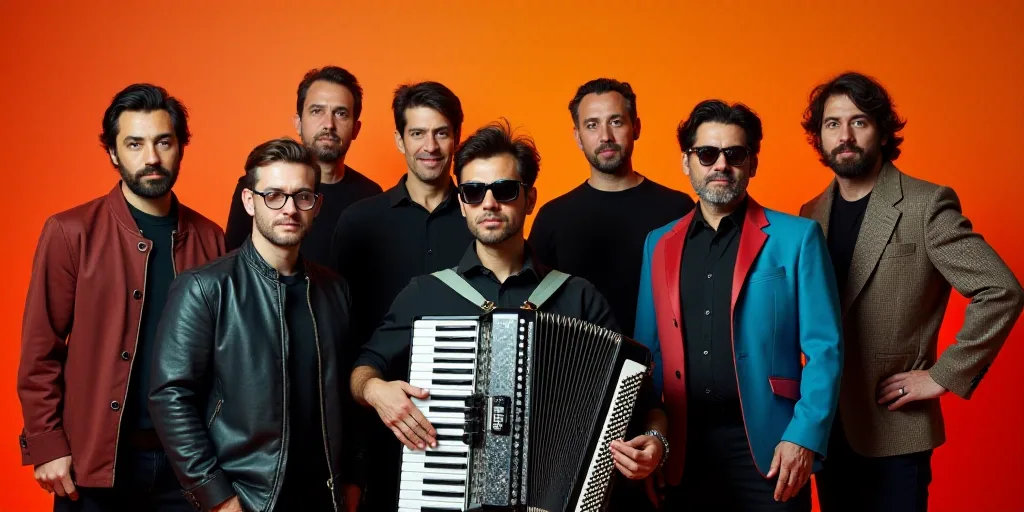 a group of people posing for a picture with an accordion and a man in a black shirt and sunglasses,