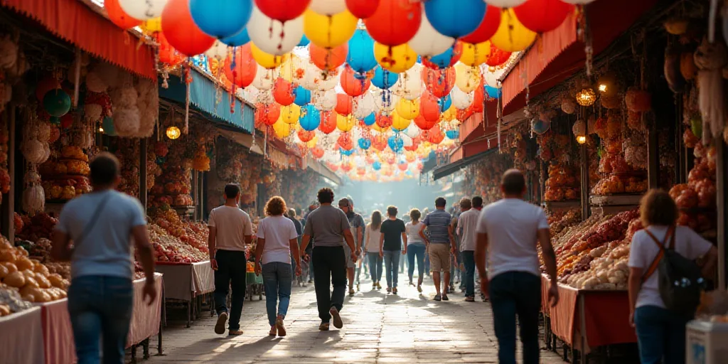 a group of people shopping at a market with balloons and other items hanging from the ceiling and ha