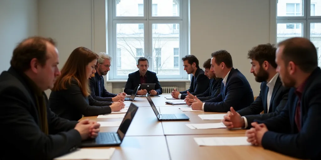 a group of people sitting around a table with papers and laptops on it, talking to each other, Engue