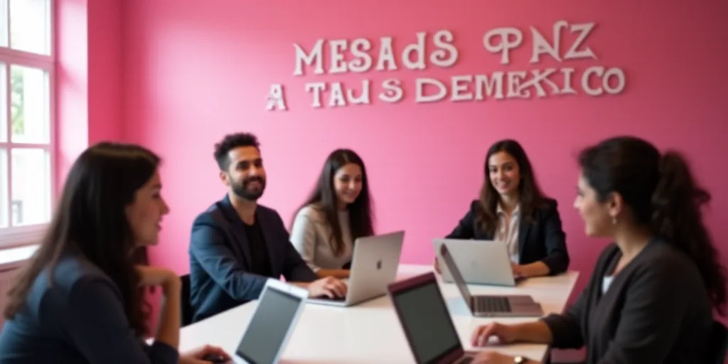 a group of people sitting around a table with laptops on it and a pink wall behind them that says me