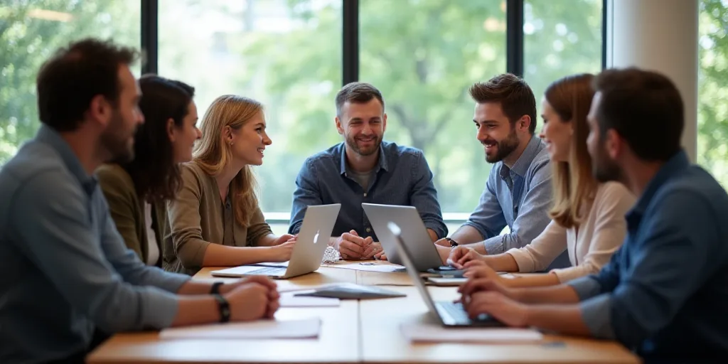 a group of people sitting around a table with laptops and papers in front of them, all smiling, Engu