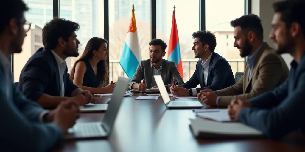 a group of people sitting around a table with laptops and papers in front of them and flags in the b