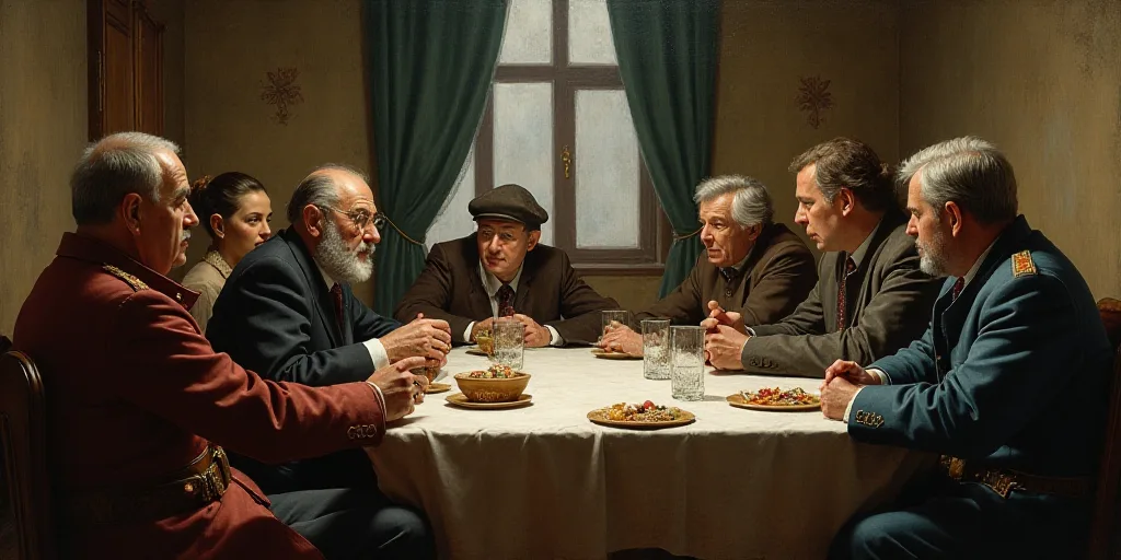 a group of people sitting around a table with a cameraman in the middle of the room talking to them,