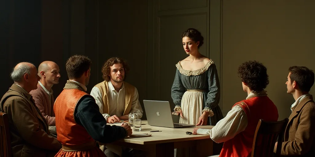 a group of people sitting around a table with a laptop computer on it and a woman standing up in fro