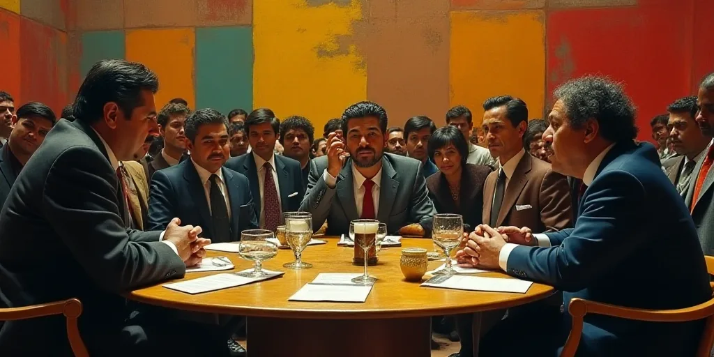 a group of people sitting around a table with plaques on it and a man speaking to them in front of a