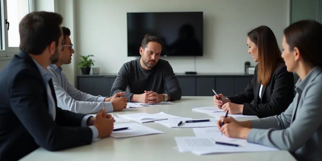 a group of people sitting around a table with papers and pens in front of them and a tv in the backg