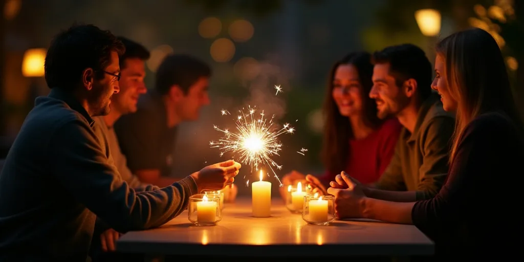 a group of people sitting around a table with candles in the middle of them and a person holding a s