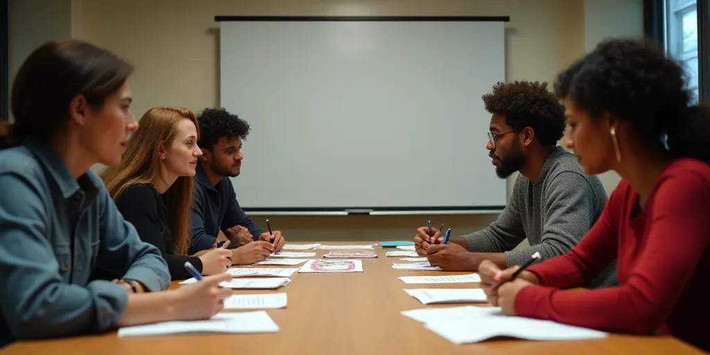 a group of people sitting around a table with papers and pens in front of them and a sign behind the