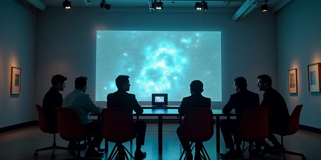 a group of people sitting around a table with a television on it's center stage in front of them, Ca