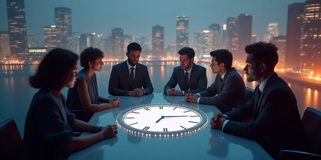a group of people sitting around a table with a clock on it's face and a city in the background, Bee