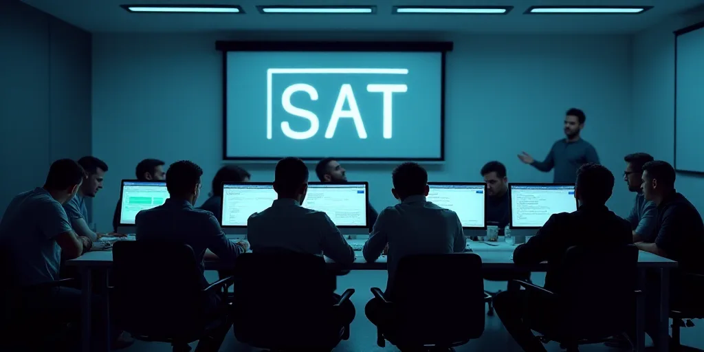 a group of people sitting at a table with laptops and monitors on it, with a sign that says sat, Car