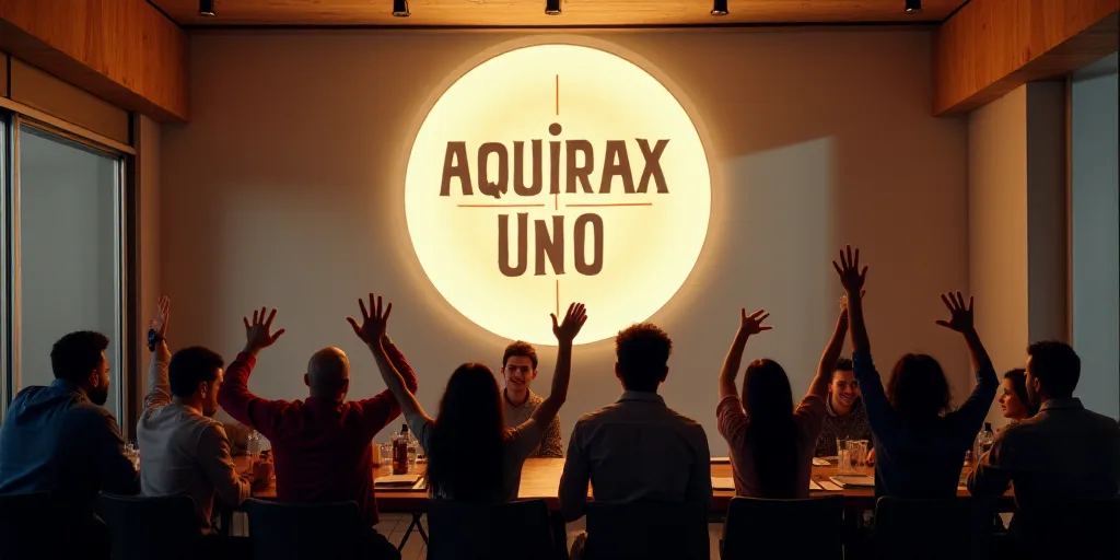 a group of people sitting at a table with their hands up in the air in front of a sign, Aquirax Uno,